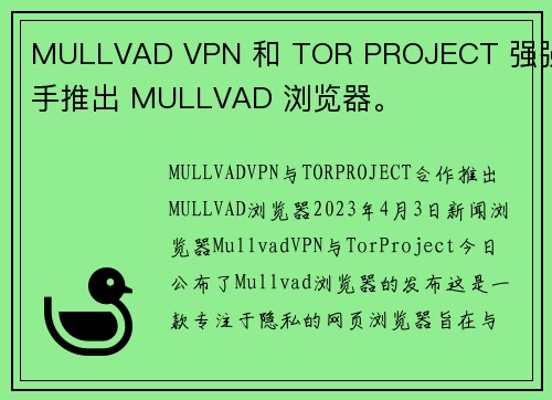 MULLVAD VPN 和 TOR PROJECT 强强联手推出 MULLVAD 浏览器。 
